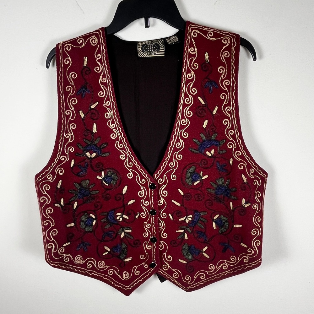 New Directions Vintage Embroidered Wool Blend Vest Burgundy Floral Women Large